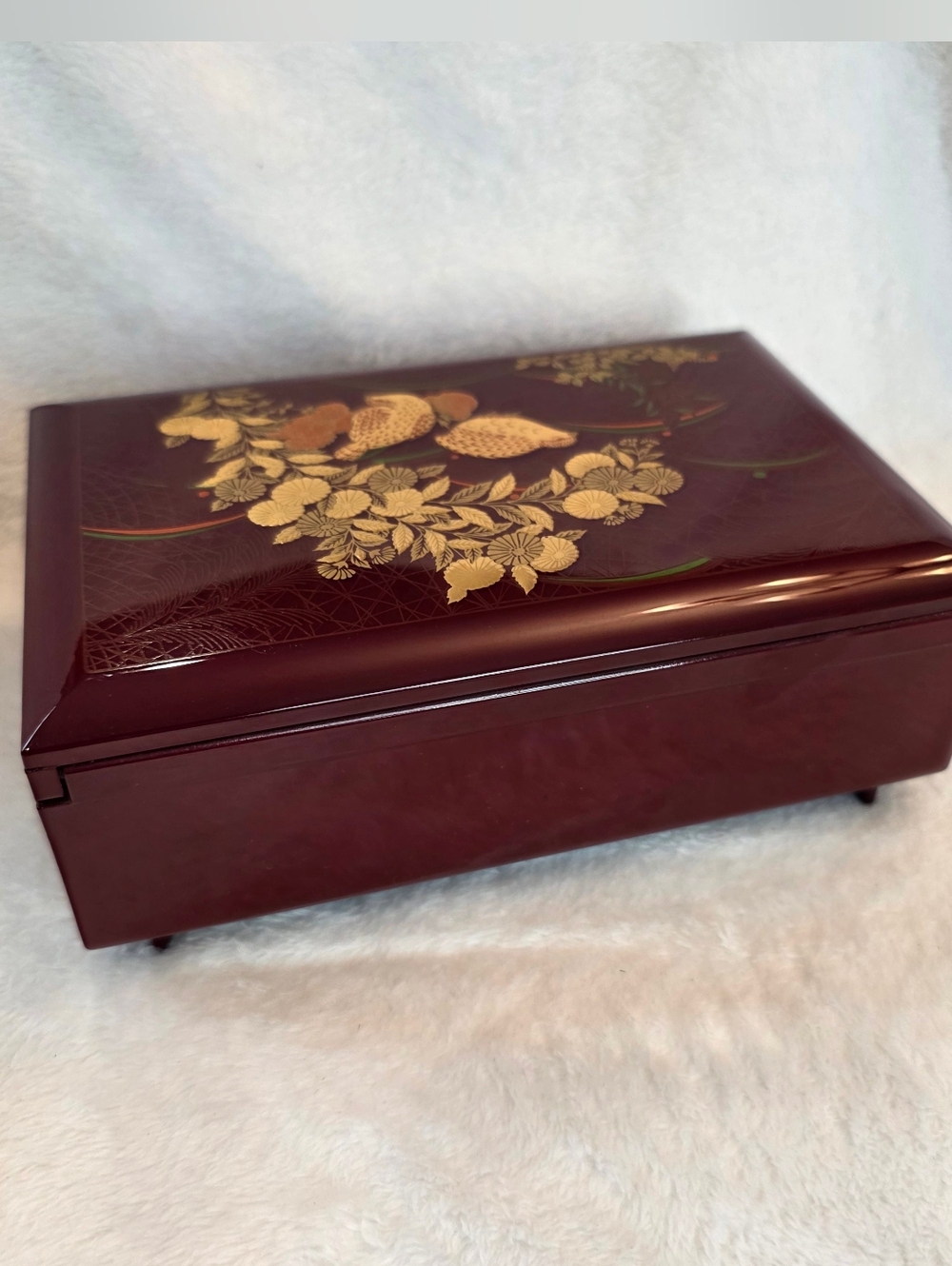 Otagiri Magnolia Musical Maroon Jewelry Box Lacquerware Quail Bird Japan *Works*